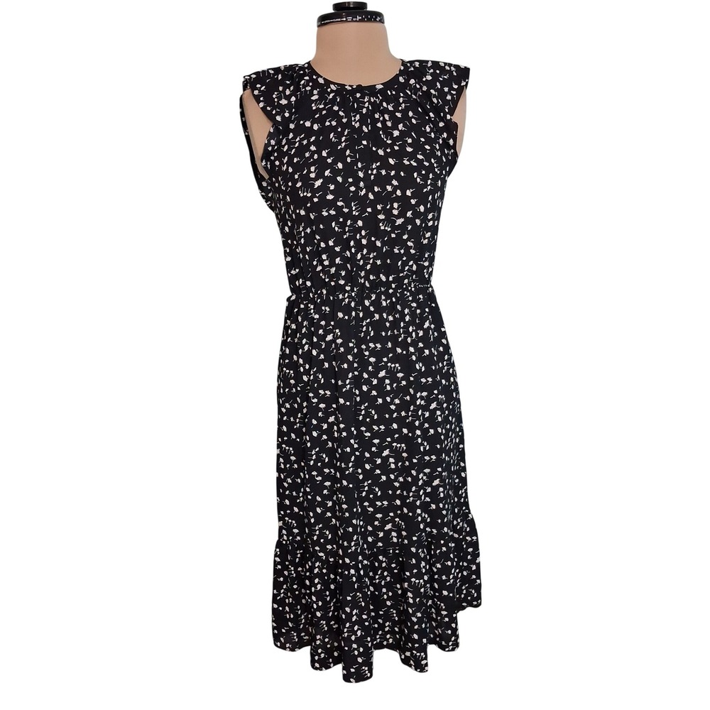 J. Crew Black White Floral Ruffle Tiered Midi Dress XXS Sleeveless Elastic Waist